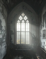 Gothic New England Meetinghouse in Dense Fog: Solitary Light in a Stained-Glass Window