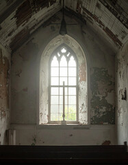 Gothic New England Meetinghouse in Dense Fog: Solitary Light in a Stained-Glass Window