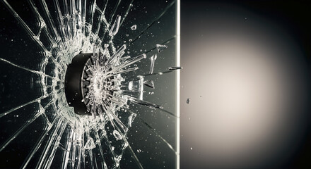 A hockey puck shattering a sheet of glass with explosive force an action shot concept of power and breaking barriers with copy space