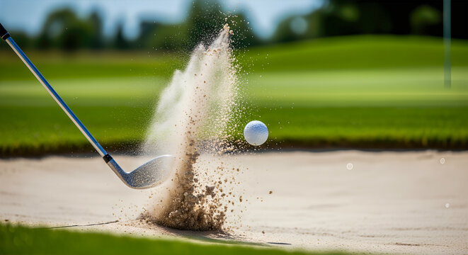 A golf ball exploding out of a sand bunker with a spray of sand an action shot of overcoming a challenge in a game with copy space