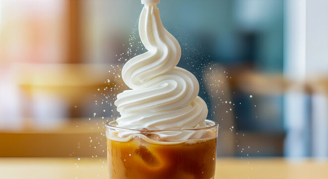 Whipped cream being sprayed onto a cup of iced coffee or a milkshake an action shot of a delicious sweet treat with copy space