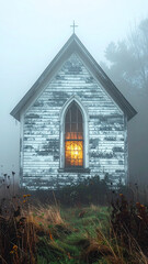 Gothic New England Meetinghouse in Dense Fog: Solitary Light in a Stained-Glass Window