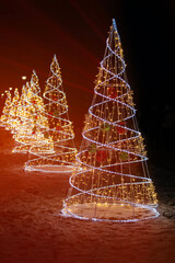 Beautifully illuminated Christmas trees lining a snowy path during the evening celebration