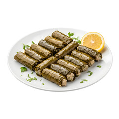 A delightful platter of stuffed grape leaves arranged neatly accompanied by a refreshing lemon slice showcases culinary artistry