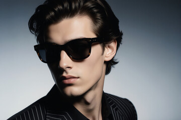 Young man in black sunglasses with pinstripe suit.