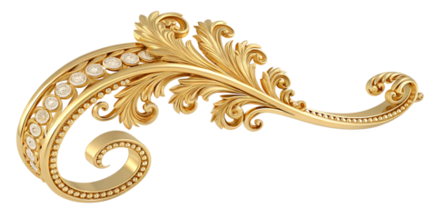 Ornate golden decorative element with intricate floral patterns and pearl accents on a transparent background, isolated for design use.