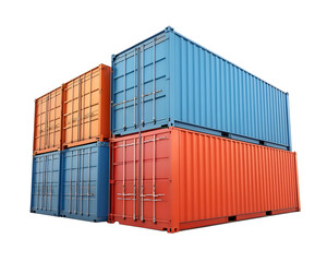 Four shipping containers stacked in a pyramid arrangement. Two are blue and two are orange. The background is transparent, making the containers isolated.