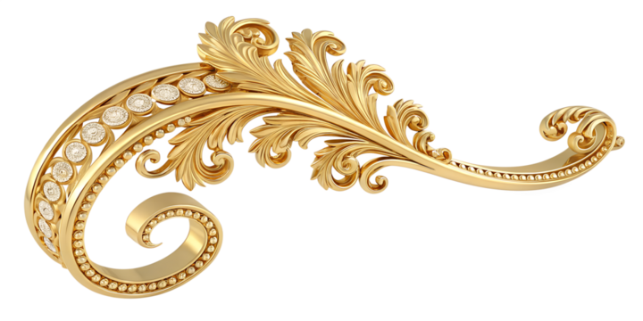 Ornate golden decorative element with intricate floral patterns and pearl accents on a transparent background, isolated for design use.