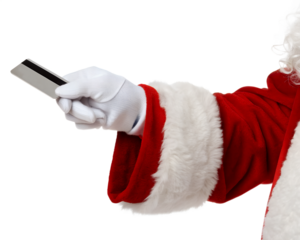 Santa Claus hand holding a credit card. The hand is gloved in white, and the sleeve is red with white fur trim. The background is transparent, isolated PNG.