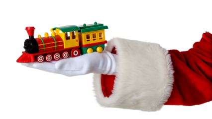 A hand in a Santa Claus costume holds a colorful toy train. The background is transparent, emphasizing the festive theme of Christmas.