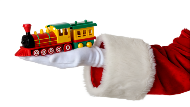 A hand in a Santa Claus costume holds a colorful toy train. The background is transparent, emphasizing the festive theme of Christmas. - Powered by Adobe