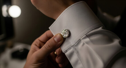 A sophisticated man carefully fastens a brilliant jewel cufflink on a crisp white shirt sleeve, the final touch for a formal occasion
