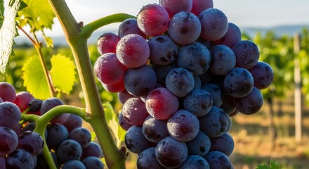 Close up of ripe red grapes on the vine in a vineyard.