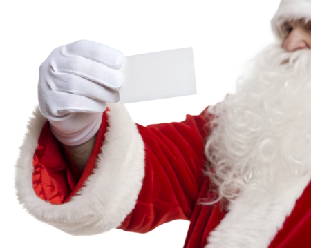 Santa Claus holds a blank card in his gloved hand. He wears a traditional red suit with white fur trim and has a long white beard. The background is transparent.
