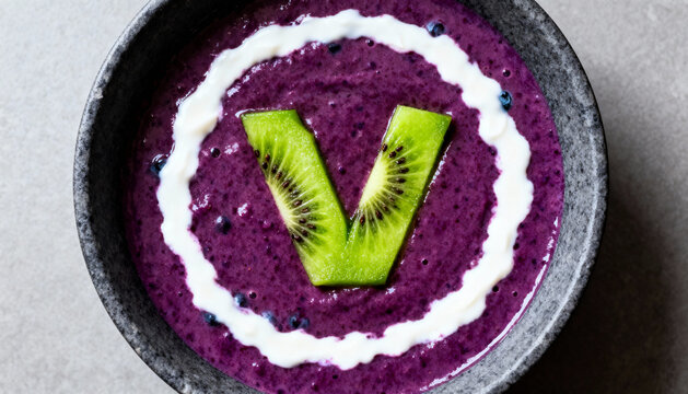 A purple vegan smoothie bowl with a kiwi letter V. Healthy plant-based breakfast concept. Top view flat lay food photography