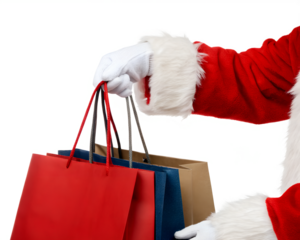 Santa Claus hand holding shopping bags in red, blue, and brown colors. Isolated on a transparent background.