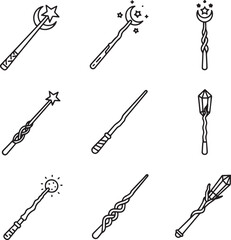 A collection of nine black and white line art icons depicting various magic wands and staves. Designs include wands topped with a star and crescent moon, a glowing orb, carved wood, 