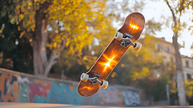 Skateboard Floating with Golden Burst in Urban Skatepark