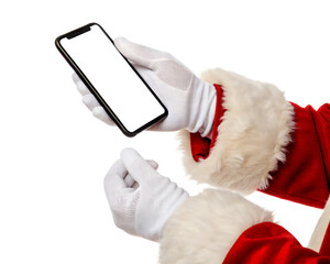Santa Claus hands holding a smartphone, wearing white gloves and a red coat with white fur trim. Isolated on a transparent background.
