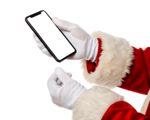 Santa Claus hands holding a smartphone, wearing white gloves and a red coat with white fur trim. Isolated on a transparent background.