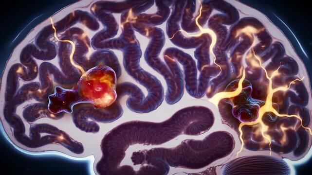 human brain inflamed from Japanese encephalitis, swollen tissue, glowing neural activity
