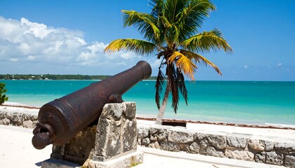 Weathered cannon rests on a stone mount overlooking a tropical beach with turquoise water and a palm tree