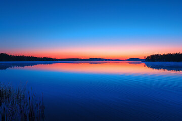 Peaceful Lake Panorama at Dawn with Colorful Sky and Still Waters