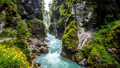 Obraz premium Mountain river gorge, lush vegetation