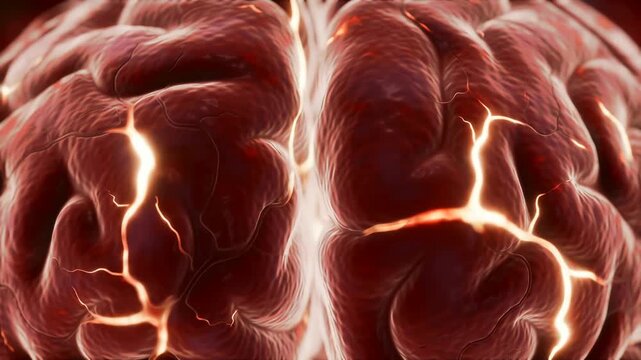 human brain inflamed from Japanese encephalitis, swollen tissue, glowing neural activity
