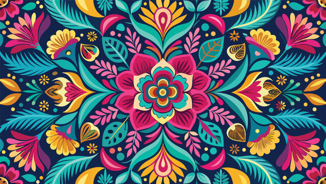 Vibrant folk art floral mandala pattern with intricate symmetry and rich colors