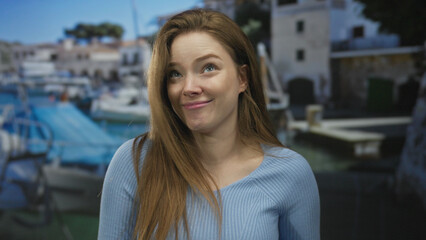 Young woman laughs showing face and gestures with raised hand beside blue boats at sunlit building; joy.