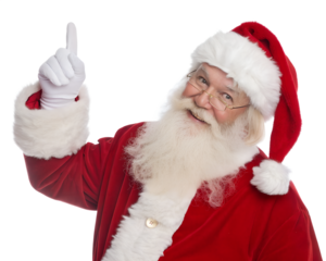 Santa Claus in a red suit with white fur trim, smiling and pointing upwards. He has a long white beard and glasses, set against a transparent background.