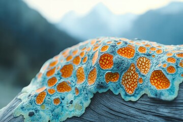 Vibrant orange and blue-green textured growth on weathered wood, reminiscent of intricate coral or lichen, set against a blurred mountain backdrop.