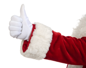 A close-up of a gloved hand giving a thumbs-up gesture. The hand is dressed in a white glove and a red coat with white fur trim. Isolated on a transparent background.