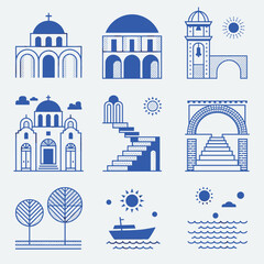 Fototapeta premium Minimalist Blue Greek Island Architecture and Landscape Illustrations