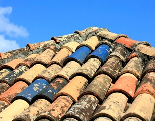 Weathered clay roof tiles, various colors, against a clear blue sky