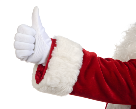 A close-up of a gloved hand giving a thumbs-up gesture. The hand is dressed in a white glove and a red coat with white fur trim. Isolated on a transparent background.