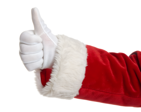 A Santa Claus arm in a red velvet sleeve with white fur trim gives a thumbs up gesture. The background is transparent, isolated for use in various designs.