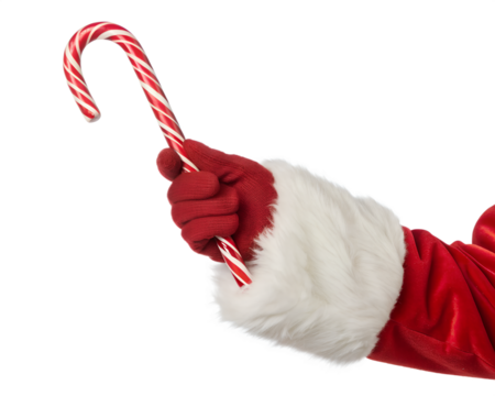 A red-gloved hand holds a striped candy cane. The hand is covered with white fur, typical of a Santa Claus costume. The background is transparent, isolated, and suitable for PNG format. - Powered by Adobe