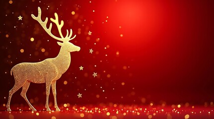 Elegant Christmas Greeting Card with Golden Reindeer Silhouette, Stars, and Red Background