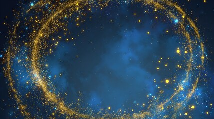 A glowing gold ring with glittering sparkles encircles a dark blue cloudy background
