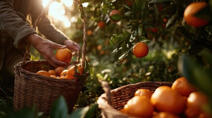 Harvesting Sweet Oranges in a Vibrant Orchard During Sunset