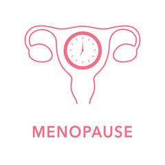 Menopause Icon. Simple line illustration of a uterus with clock representing menopausal transition and reproductive health.