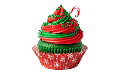 Delicious christmas cupcake isolated on transparent background, decorated with candy cane and colorful frosting
