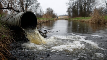 Drainage pipe discharging murky water into river, showing environmental pollution and industrial waste impact on aquatic ecosystems. Water contamination concept with ecological damage concerns