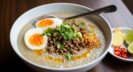Delicious Filipino Arroz Caldo with Egg and Toppings.