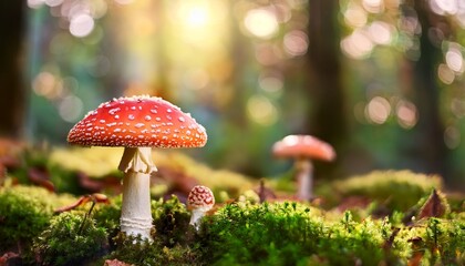 Fly Agaric Mushroom In The Forest With Moss And Bokeh Background