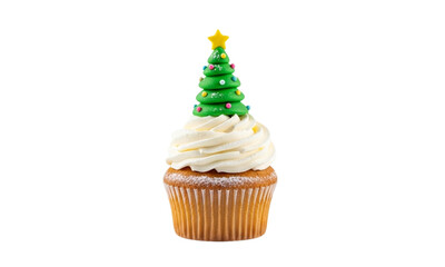 Festive christmas cupcake with white frosting and a christmas tree isolated on transparent background