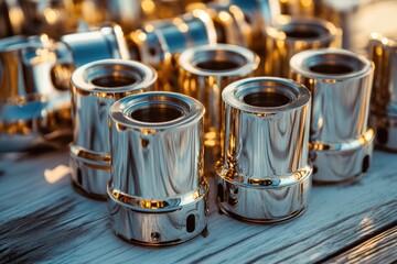 A close-up of numerous gleaming chrome-plated cylindrical metal parts meticulously arranged on a rustic wooden surface, reflecting ambient light beautifully.