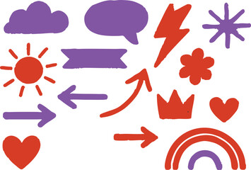 Vector set hand drawn doodle icons with cloud, sun, heart, star and arrows on white background